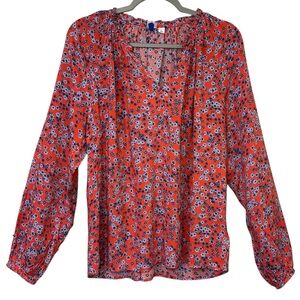 GAP Women's Floral Blouse Red Long Sleeve Peasant Boho Top Size Large